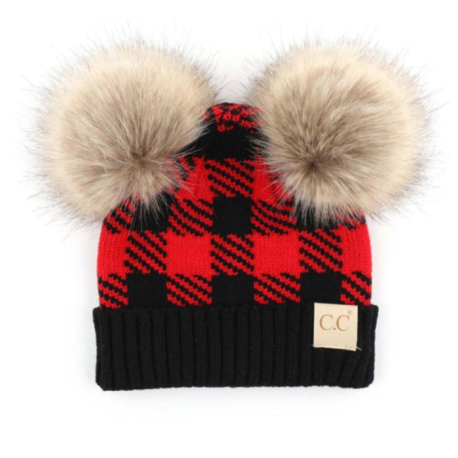 CC Baby and Kids Buffalo Plaid Double Pom Beanies Hats - Truly Contagious
