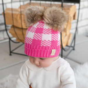 CC Baby and Kids Buffalo Plaid Double Pom Beanies Hats - Truly Contagious