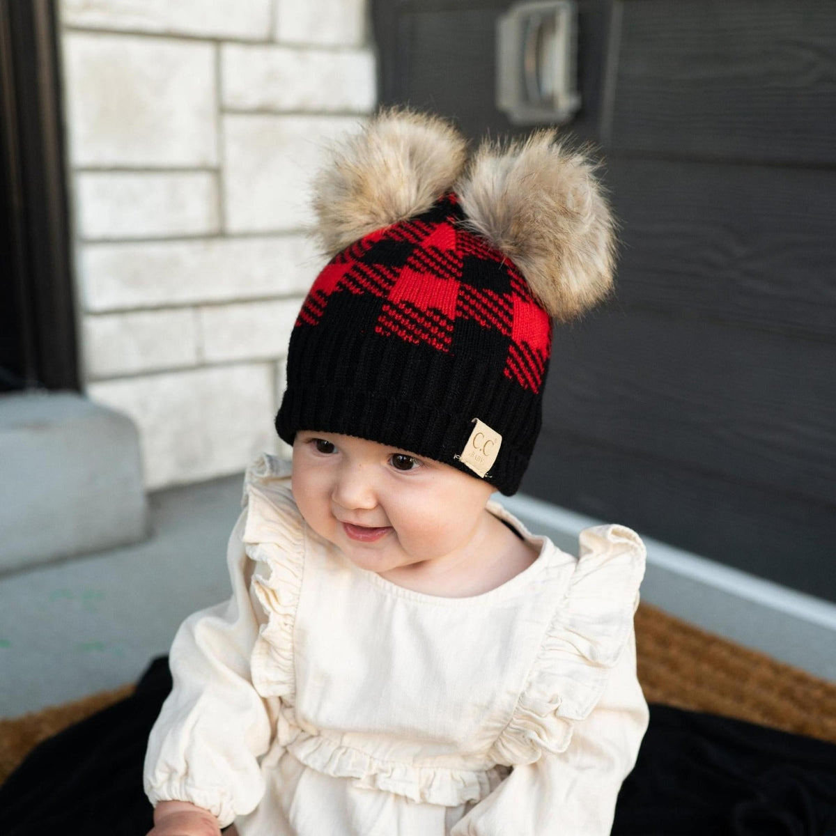 CC Baby and Kids Buffalo Plaid Double Pom Beanies Hats - Truly Contagious