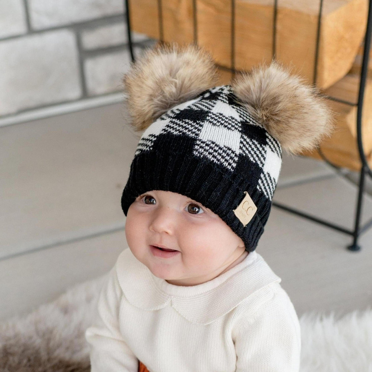 CC Baby and Kids Buffalo Plaid Double Pom Beanies Hats - Truly Contagious