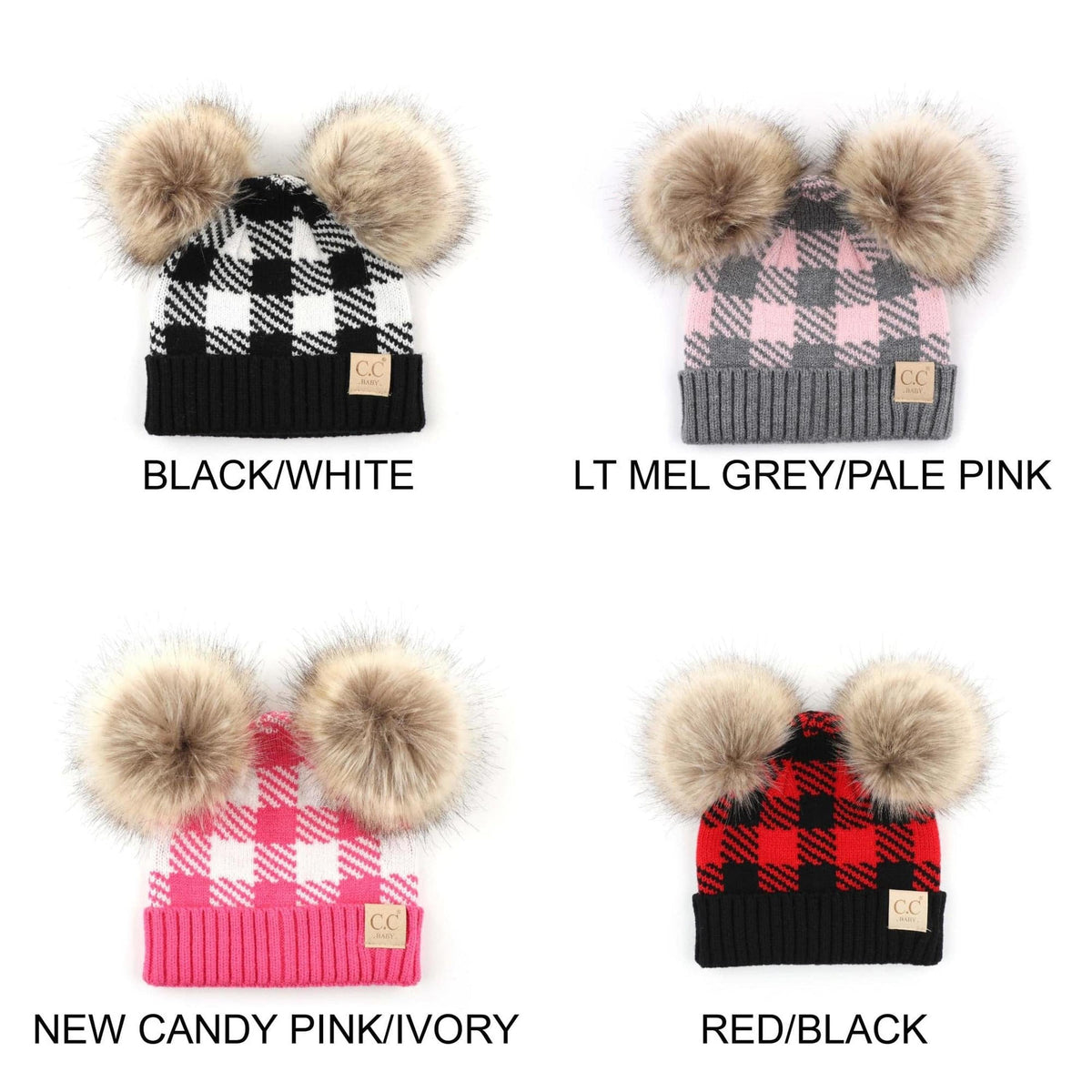 CC Baby and Kids Buffalo Plaid Double Pom Beanies Hats - Truly Contagious
