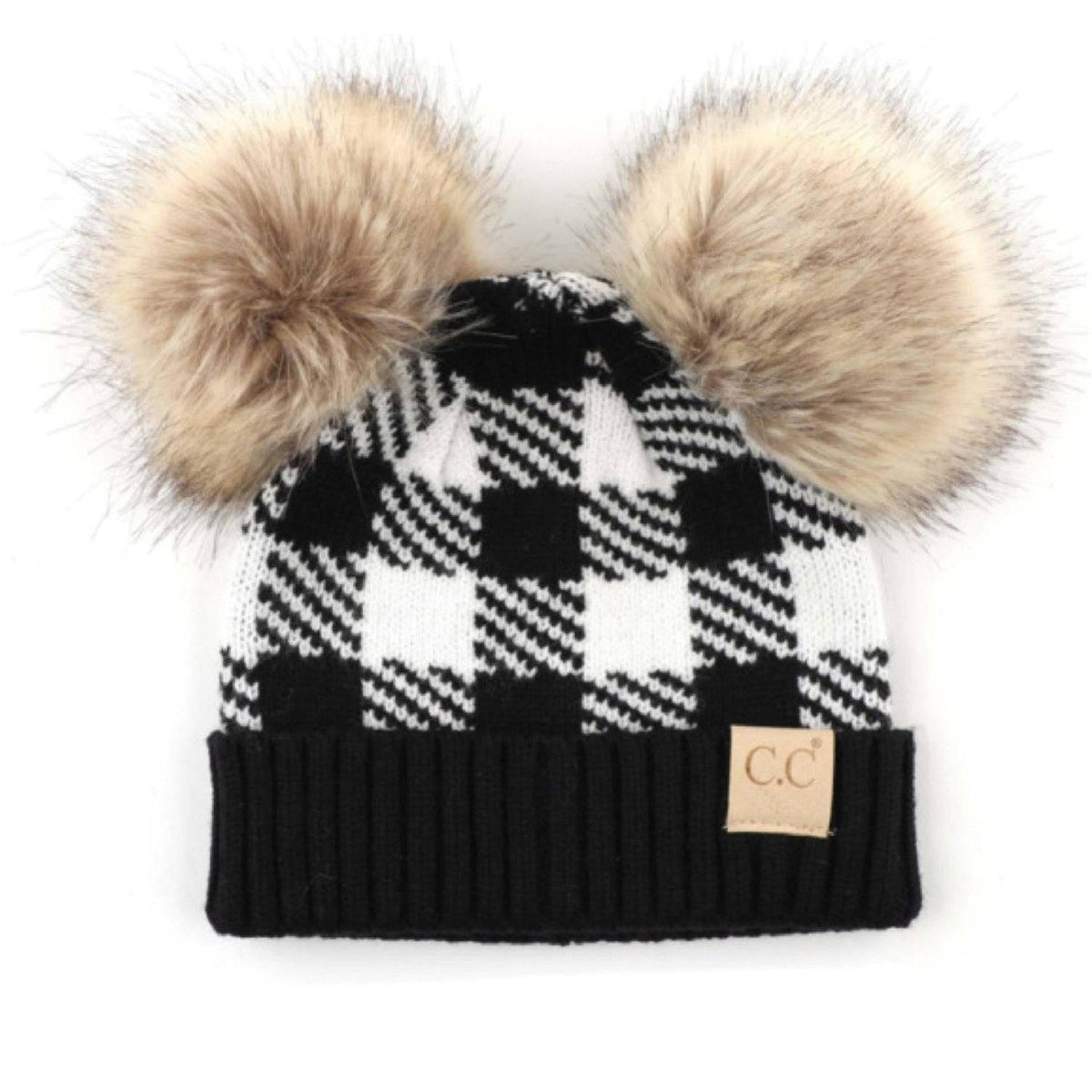 CC Baby and Kids Buffalo Plaid Double Pom Beanies Hats - Truly Contagious