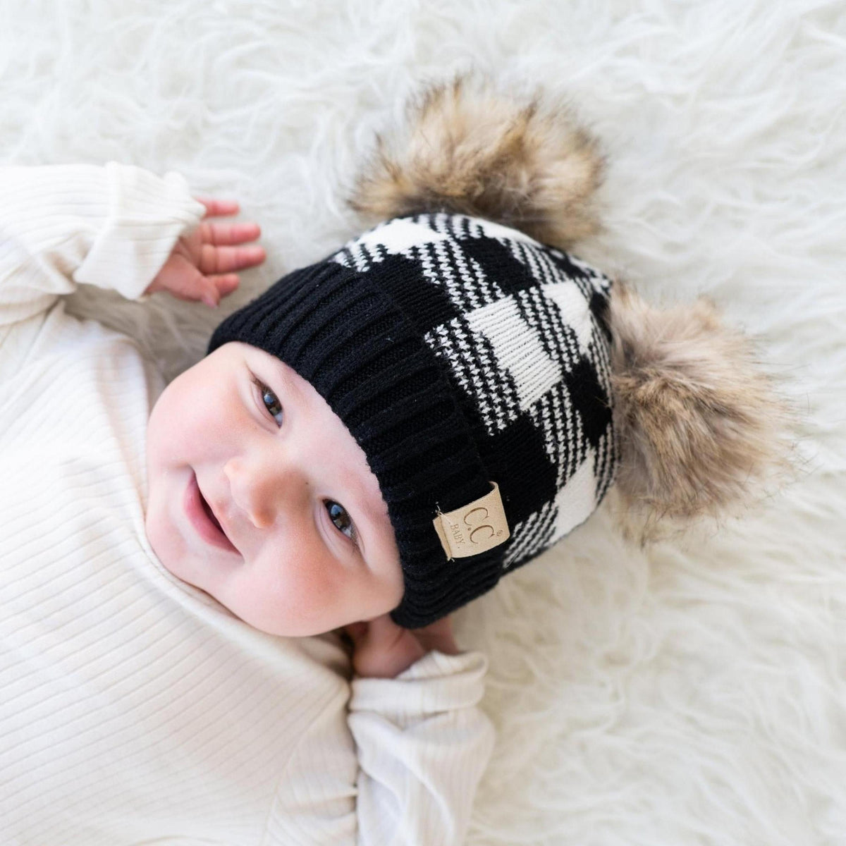 CC Baby and Kids Buffalo Plaid Double Pom Beanies Hats - Truly Contagious