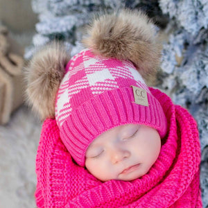 CC Baby and Kids Gift Set - Buffalo Plaid Double Pom Beanie and Blanket - Newborn to 12 Months - Truly Contagious