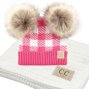 CC Baby and Kids Gift Set - Buffalo Plaid Double Pom Beanie and Blanket - Newborn to 12 Months - Truly Contagious
