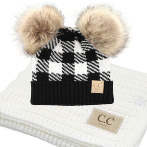 CC Baby and Kids Gift Set - Buffalo Plaid Double Pom Beanie and Blanket - Newborn to 12 Months - Truly Contagious