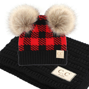 CC Baby and Kids Gift Set - Buffalo Plaid Double Pom Beanie and Blanket - Newborn to 12 Months - Truly Contagious