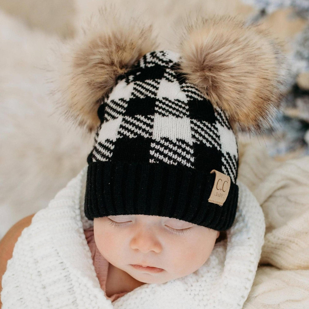 CC Baby and Kids Gift Set - Buffalo Plaid Double Pom Beanie and Blanket - Newborn to 12 Months - Truly Contagious