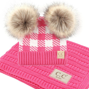 CC Baby and Kids Gift Set - Buffalo Plaid Double Pom Beanie and Blanket - Newborn to 12 Months - Truly Contagious