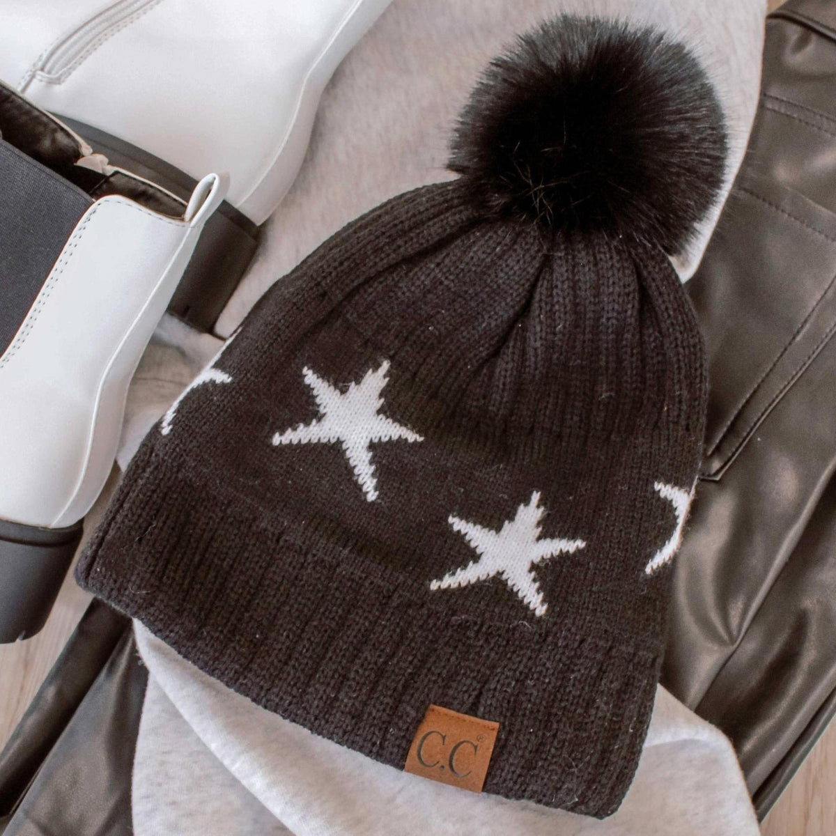 CC Beanie with Quality Faux Fur Pom & Star Pattern - Truly Contagious