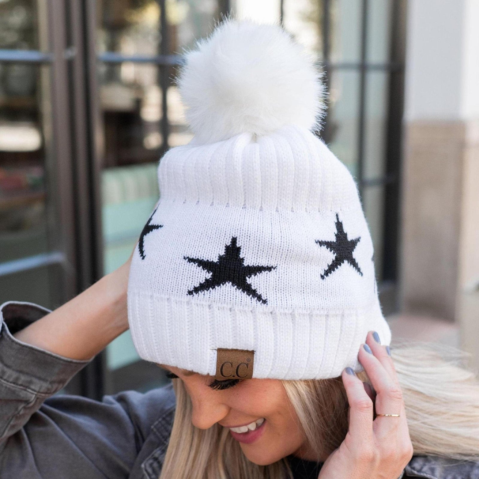 CC Beanie with Quality Faux Fur Pom & Star Pattern - Truly Contagious