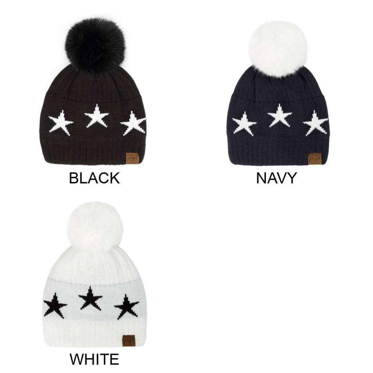 CC Beanie with Quality Faux Fur Pom & Star Pattern - Truly Contagious