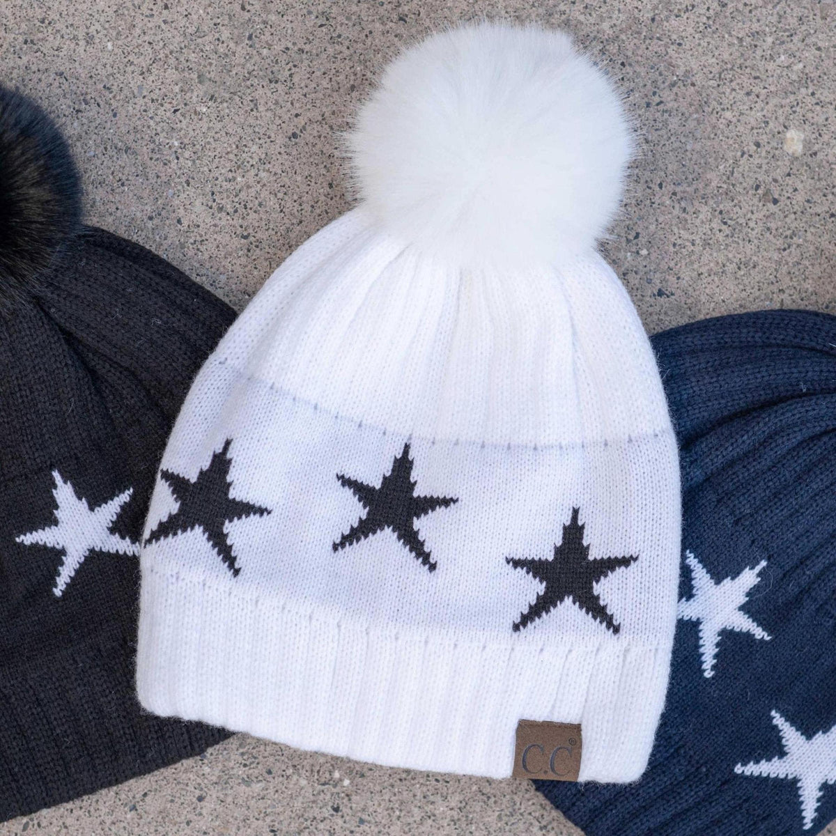 CC Beanie with Quality Faux Fur Pom & Star Pattern - Truly Contagious