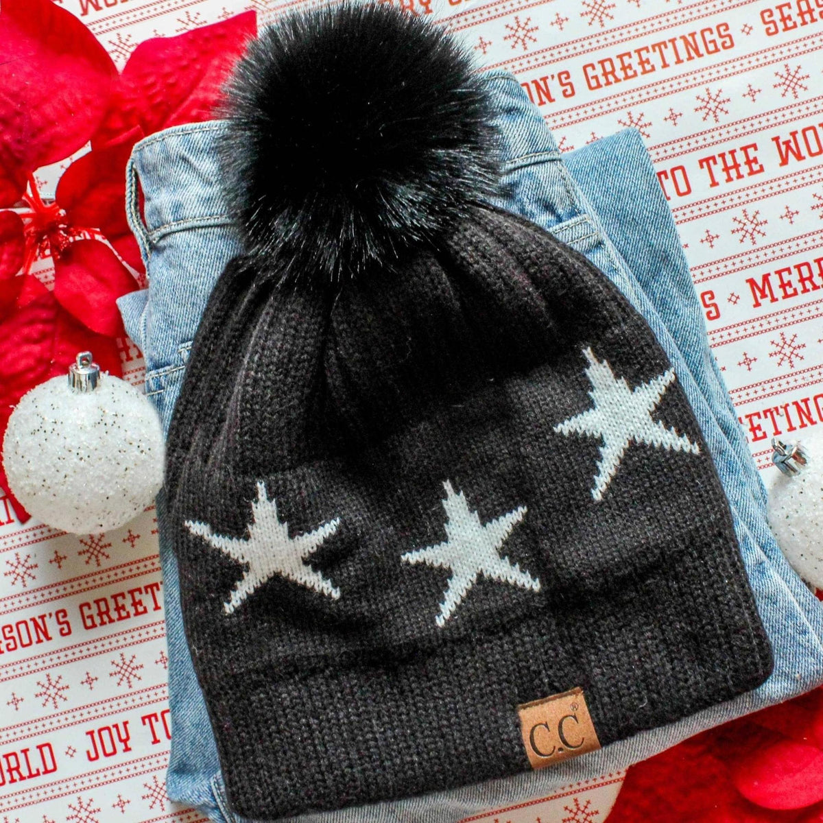 CC Beanie with Quality Faux Fur Pom & Star Pattern - Truly Contagious