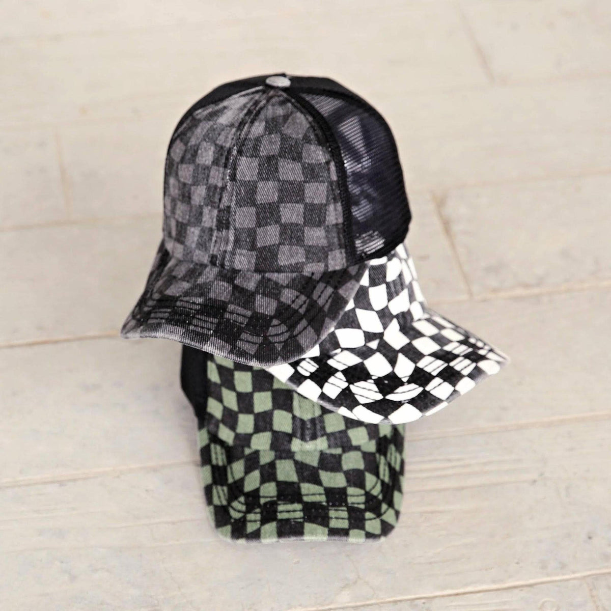 CC Checkered Pattern Pony Hats Criss Cross Style Women Cap for Ponytail - Truly Contagious
