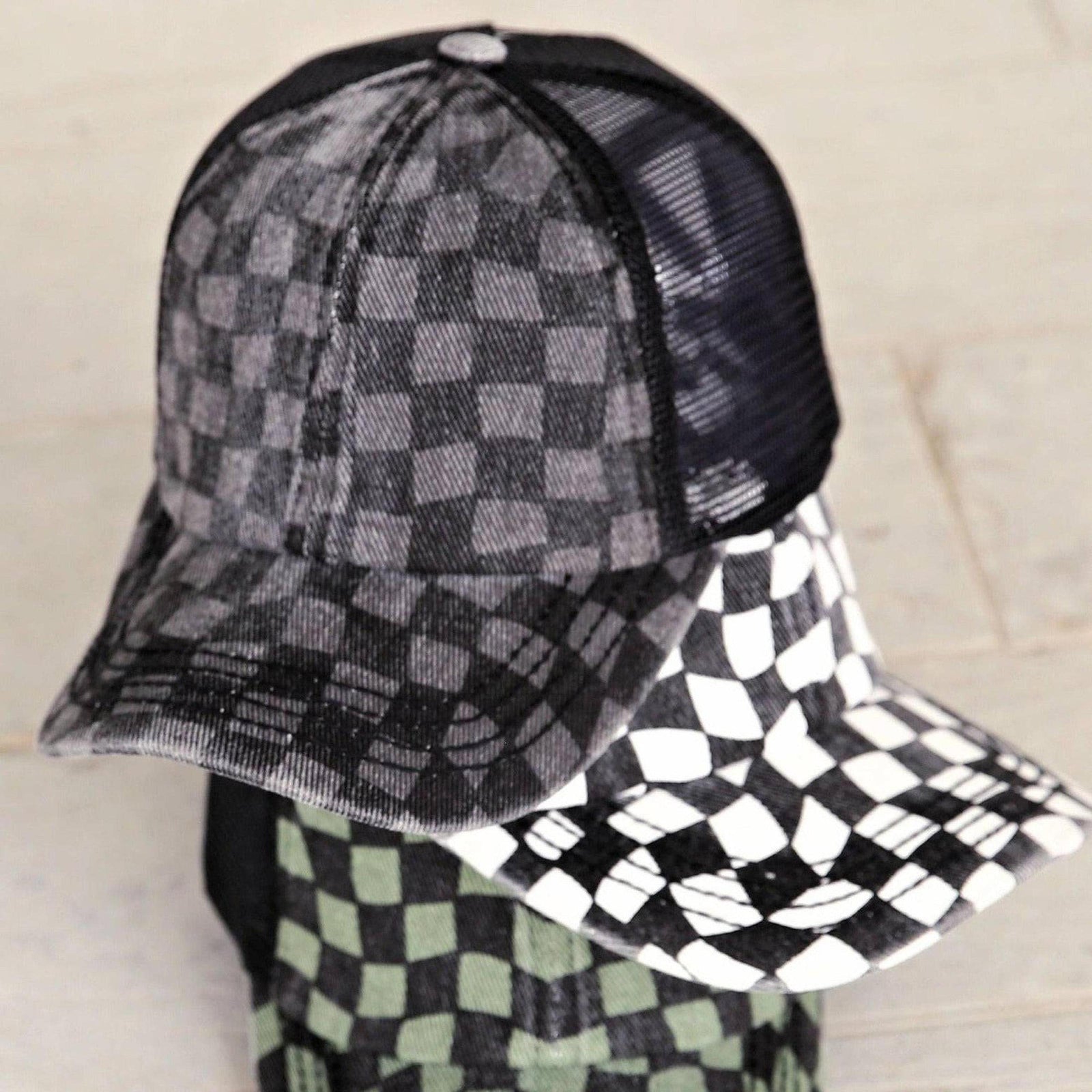 CC Checkered Pattern Pony Hats Criss Cross Style Women Cap for Ponytail - Truly Contagious