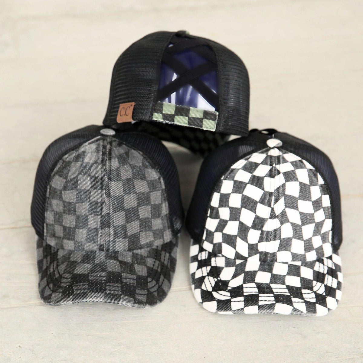 CC Checkered Pattern Pony Hats Criss Cross Style Women Cap for Ponytail - Truly Contagious