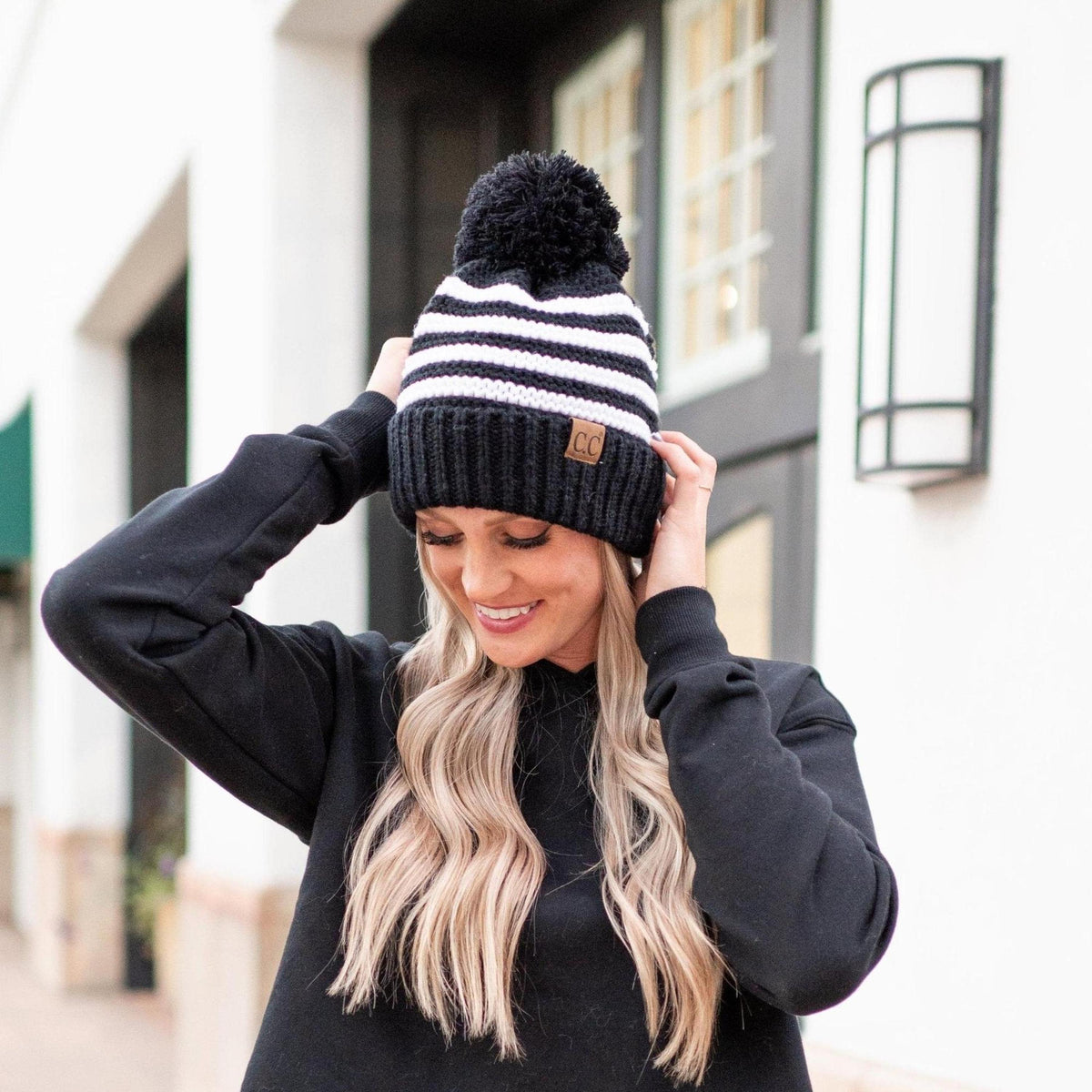 CC Chunky Knit Striped Pom Beanie - Truly Contagious