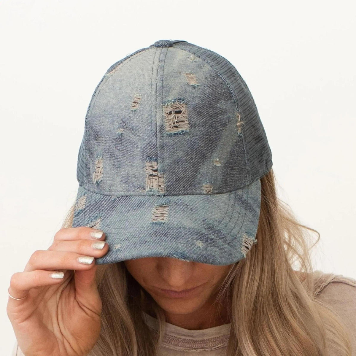 CC Destroyed Denim Messy Bun Pony Cap Women, Teens and Kids Trucker Hats - Truly Contagious
