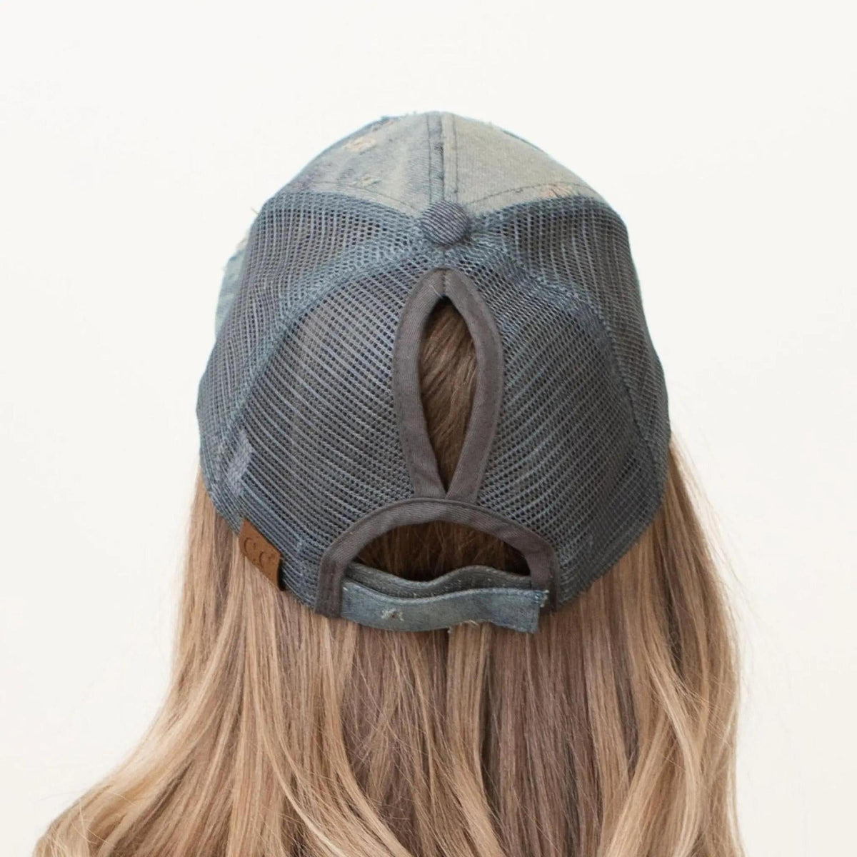 CC Destroyed Denim Messy Bun Pony Cap Women, Teens and Kids Trucker Hats - Truly Contagious
