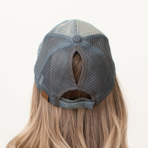 CC Destroyed Denim Messy Bun Pony Cap Women, Teens and Kids Trucker Hats - Truly Contagious