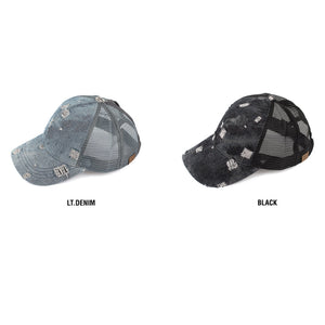 CC Destroyed Denim Messy Bun Pony Cap Women, Teens and Kids Trucker Hats - Truly Contagious