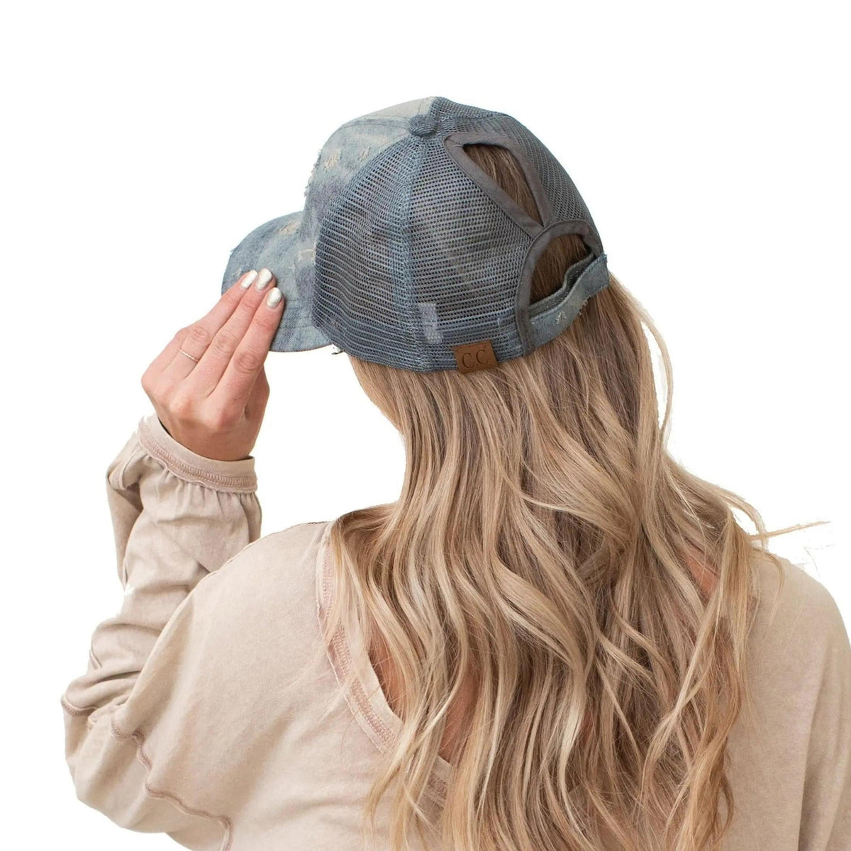 CC Destroyed Denim Messy Bun Pony Cap Women, Teens and Kids Trucker Hats - Truly Contagious