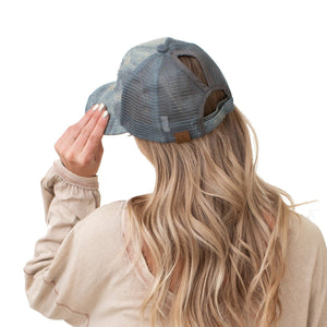 CC Destroyed Denim Messy Bun Pony Cap Women, Teens and Kids Trucker Hats - Truly Contagious