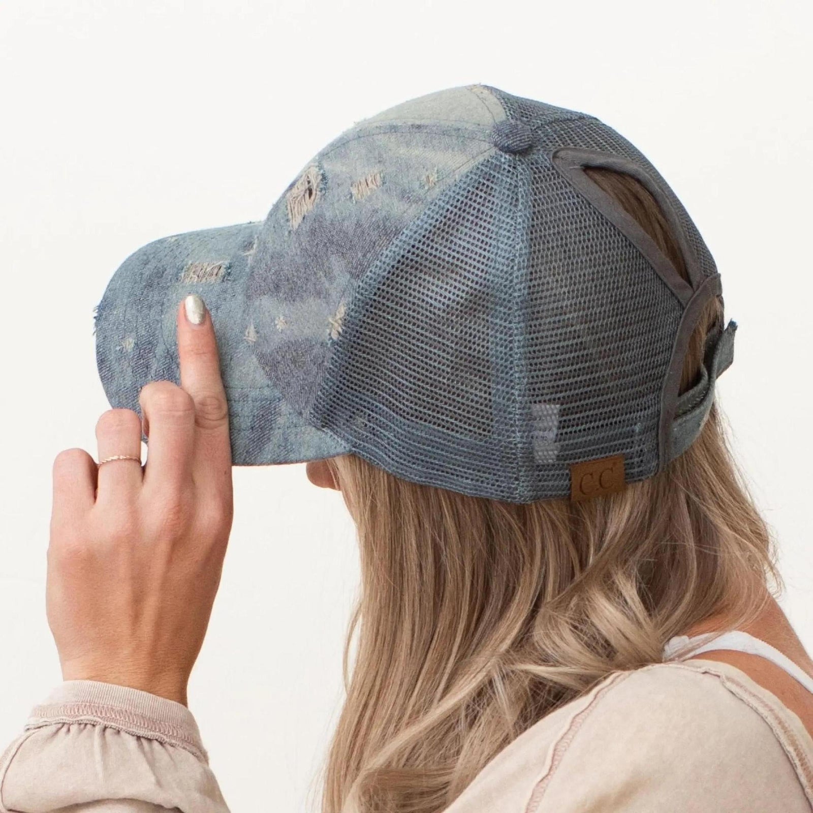 CC Destroyed Denim Messy Bun Pony Cap Women, Teens and Kids Trucker Hats - Truly Contagious