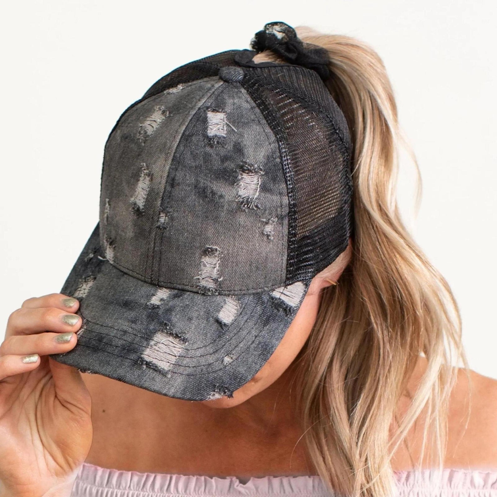 CC Destroyed Denim Messy Bun Pony Cap Women, Teens and Kids Trucker Hats - Truly Contagious