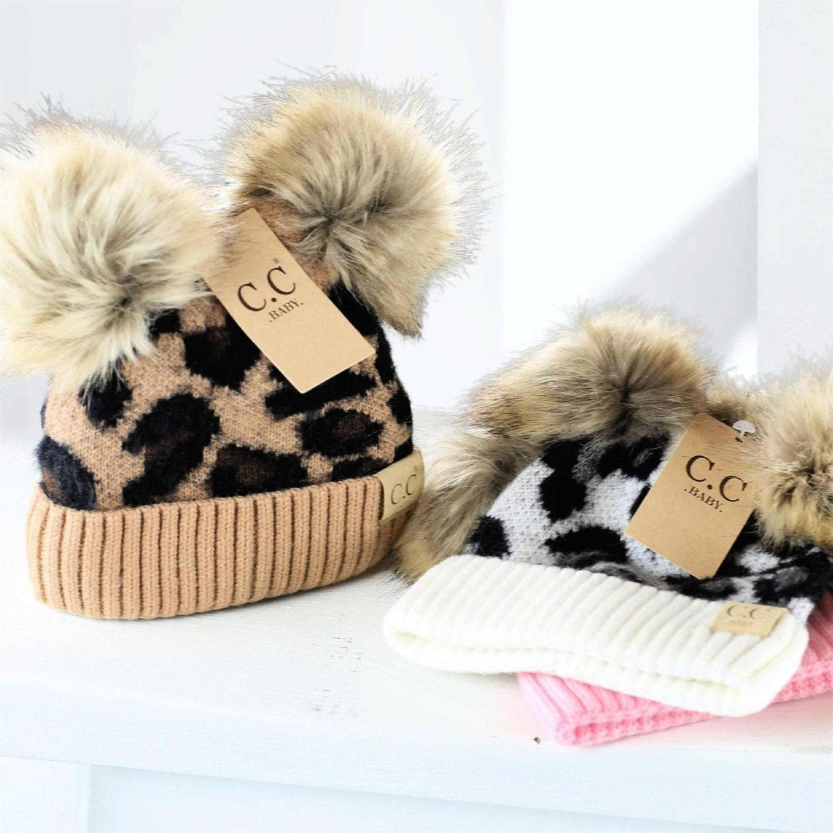 CC Double Pom Kid Leopard Beanie Winter Snow Fashion Hats - Truly Contagious