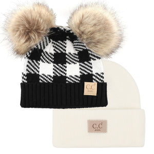 CC Double Pom Leopard/Basic Beanie Basic Beanie 2 Pack Gift Set, Kids and Baby Sizes - Truly Contagious