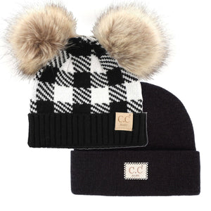 CC Double Pom Leopard/Basic Beanie Basic Beanie 2 Pack Gift Set, Kids and Baby Sizes - Truly Contagious