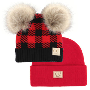 CC Double Pom Leopard/Basic Beanie Basic Beanie 2 Pack Gift Set, Kids and Baby Sizes - Truly Contagious