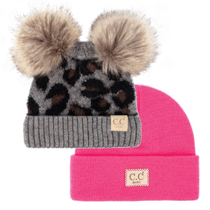 CC Double Pom Leopard/Basic Beanie Basic Beanie 2 Pack Gift Set, Kids and Baby Sizes - Truly Contagious