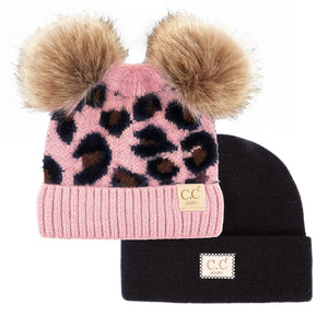 CC Double Pom Leopard/Basic Beanie Basic Beanie 2 Pack Gift Set, Kids and Baby Sizes - Truly Contagious