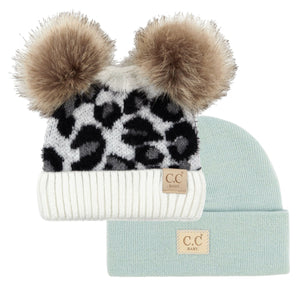 CC Double Pom Leopard/Basic Beanie Basic Beanie 2 Pack Gift Set, Kids and Baby Sizes - Truly Contagious