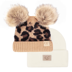 CC Double Pom Leopard/Basic Beanie Basic Beanie 2 Pack Gift Set, Kids and Baby Sizes - Truly Contagious