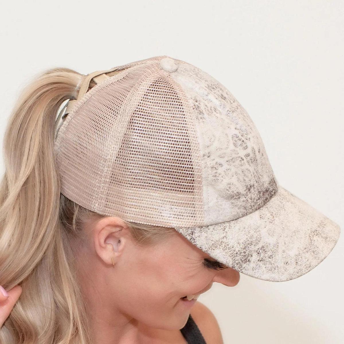 CC Faux Leather Hats Criss Cross Style Women Cap for Ponytails - Truly Contagious