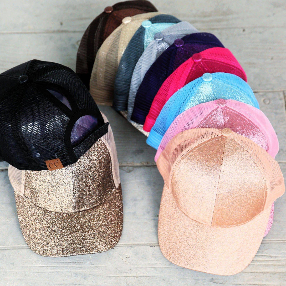 CC Glitter Messy Bun Pony Cap Women Kids, Toddler Trucker Hats - Truly Contagious