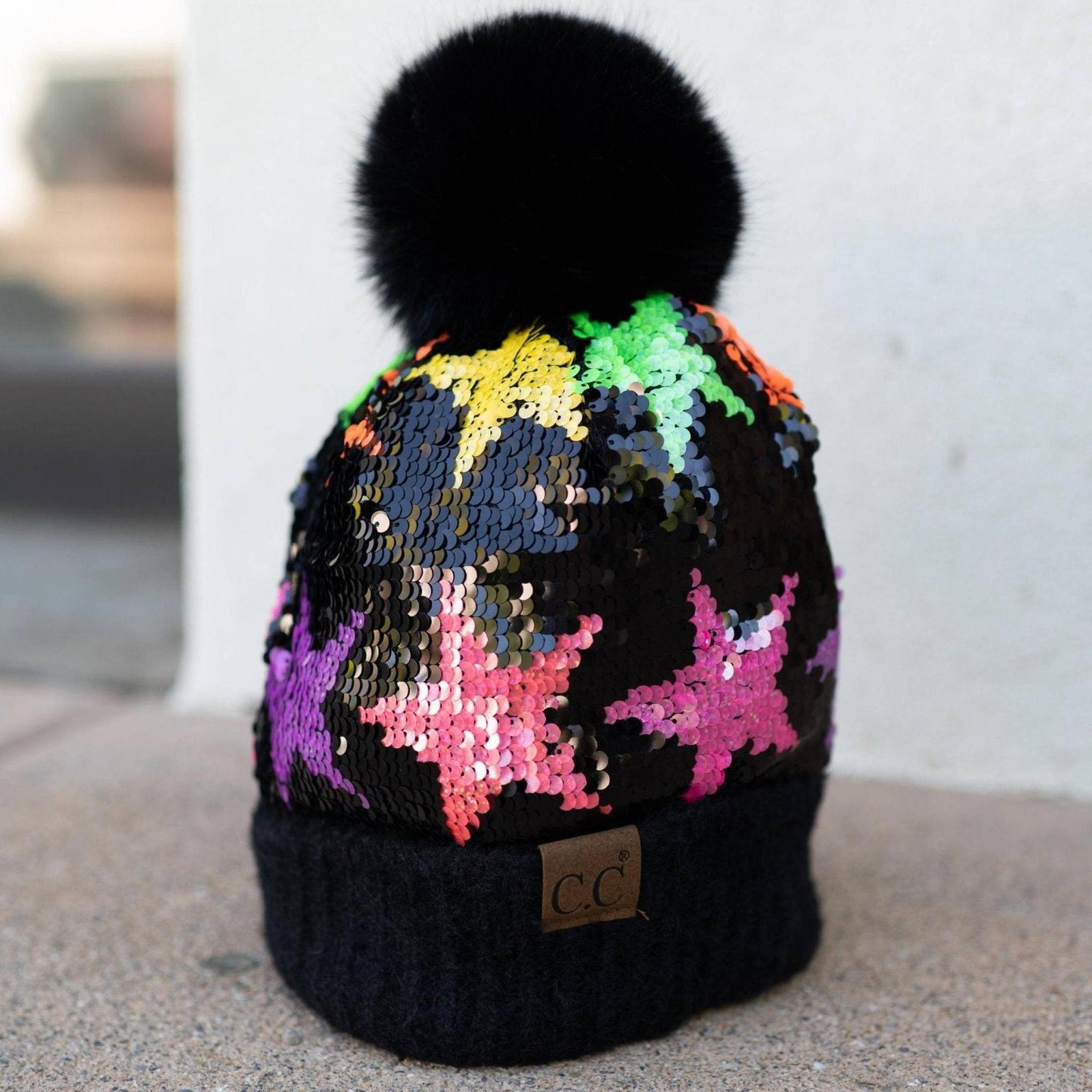 CC Kids Neon Star Sequin Faux Fur Pom Beanie - Truly Contagious