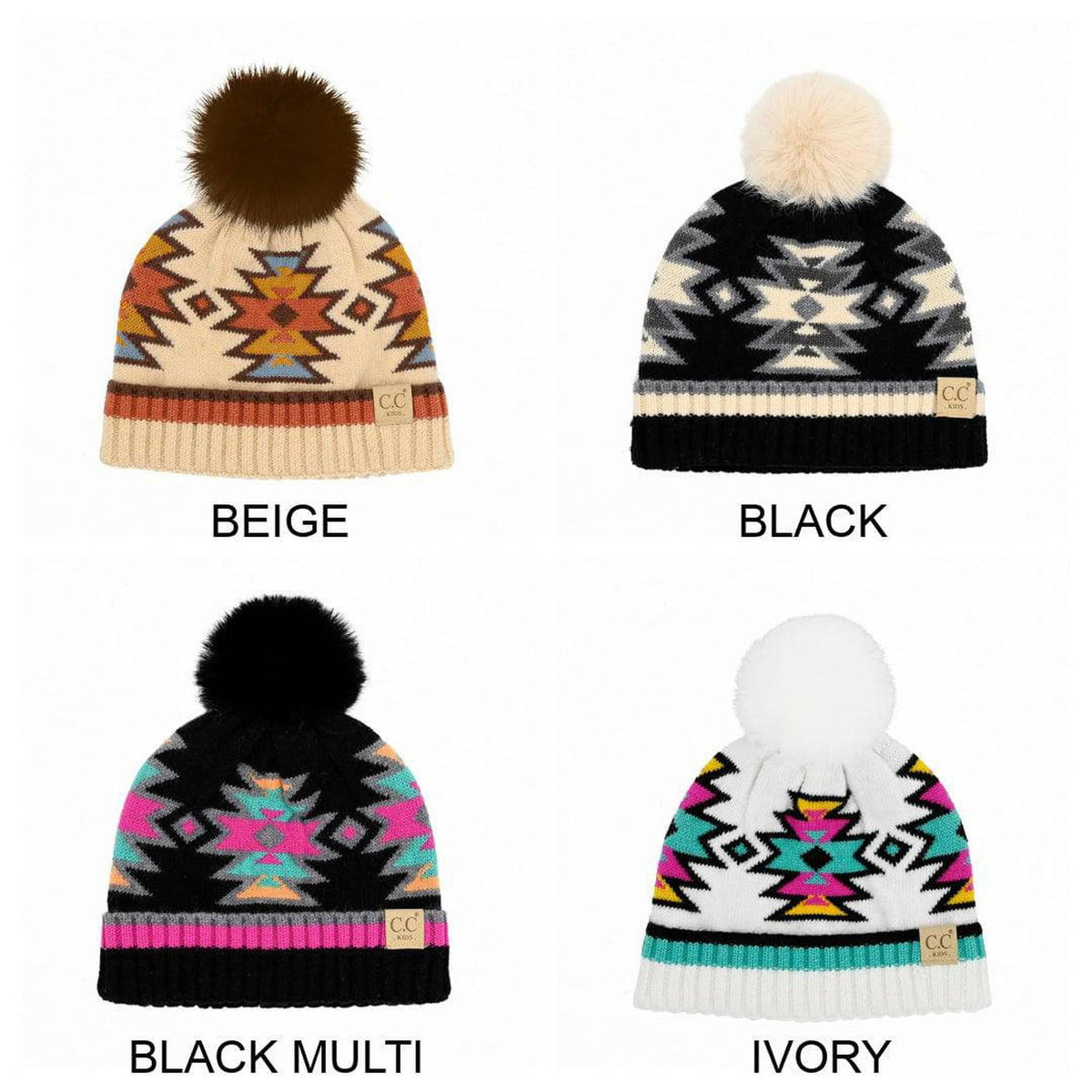 CC Kids South Western Pattern Faux Fur Pom Beanie - Truly Contagious