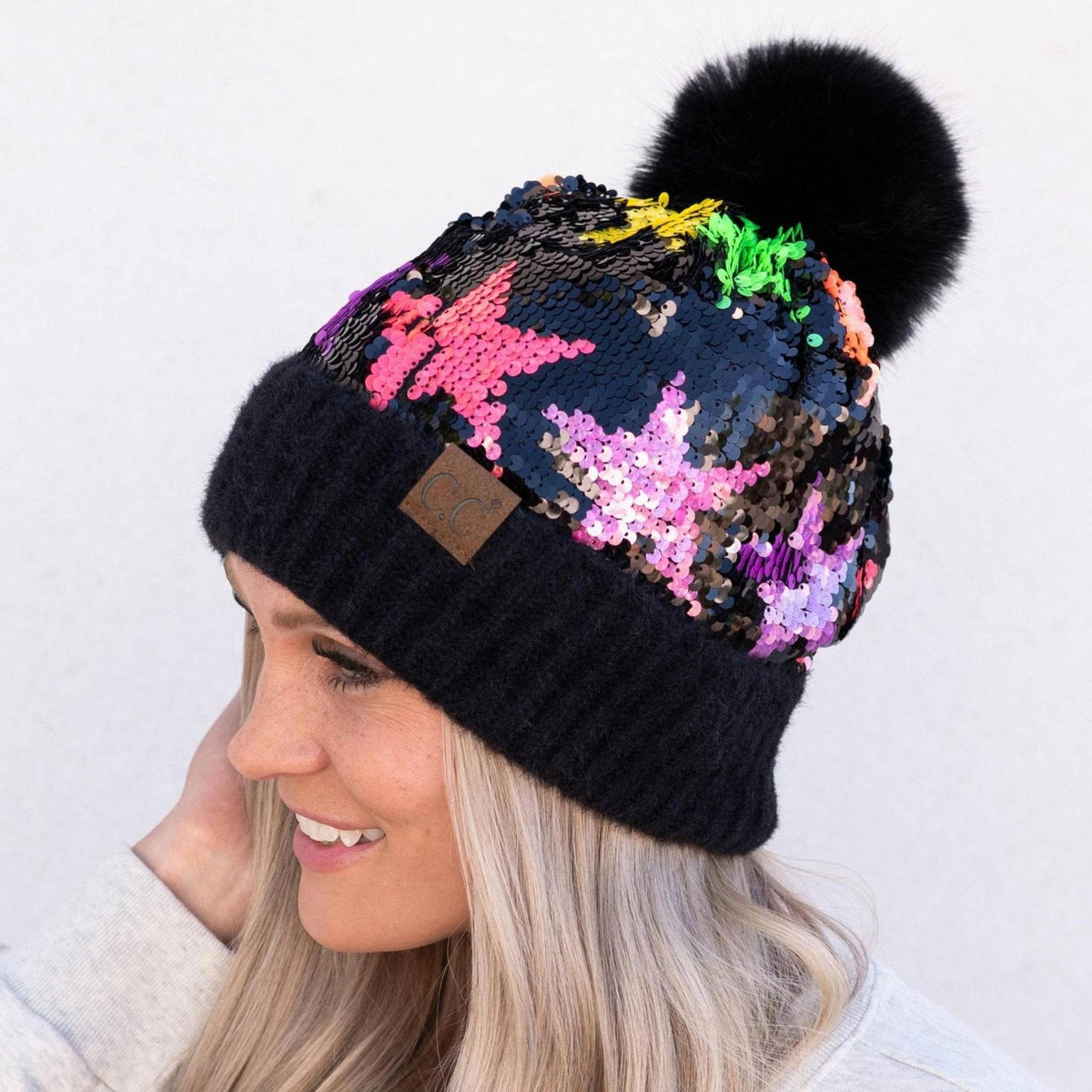 CC Neon Star Sequin Faux Fur Pom Beanie | Adult and Kid Sizes - Truly Contagious