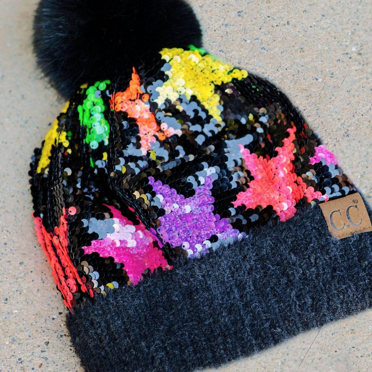 CC Neon Star Sequin Faux Fur Pom Beanie | Adult and Kid Sizes - Truly Contagious