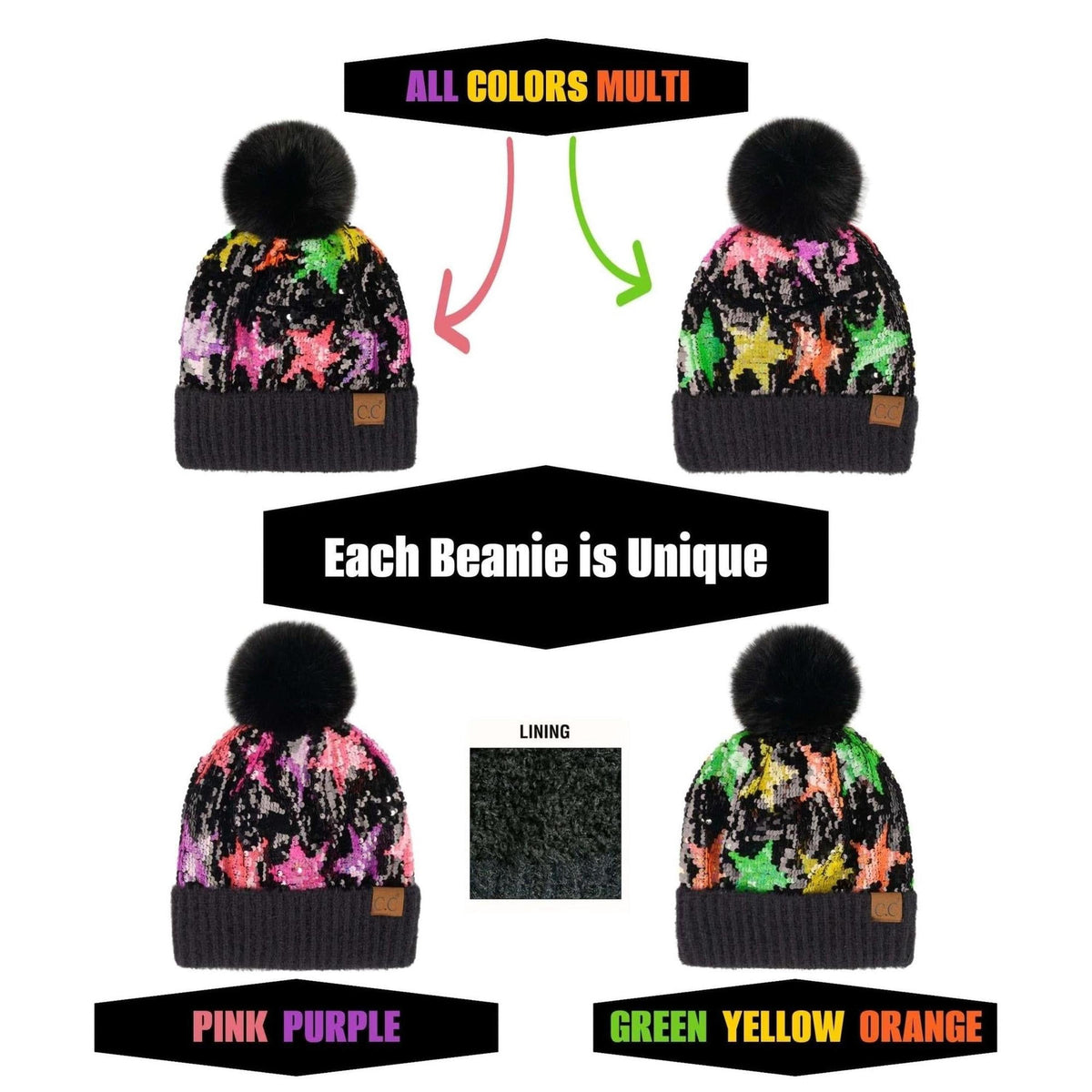 CC Neon Star Sequin Faux Fur Pom Beanie | Adult and Kid Sizes - Truly Contagious
