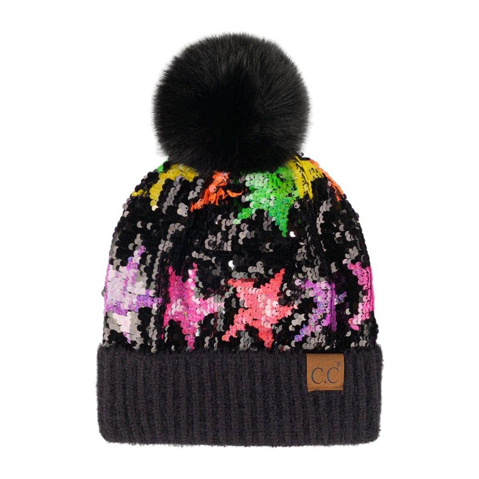 CC Neon Star Sequin Faux Fur Pom Beanie | Adult and Kid Sizes - Truly Contagious