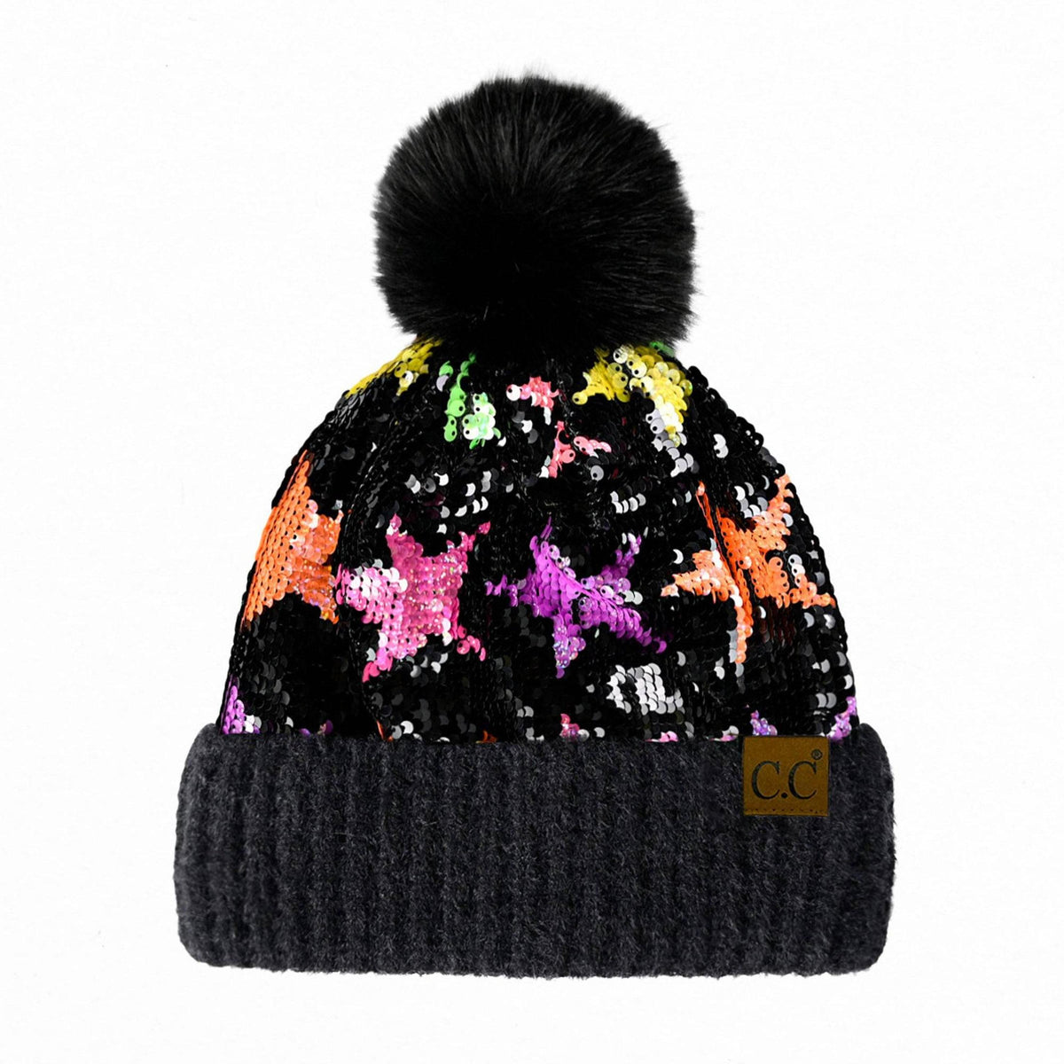 CC Neon Star Sequin Faux Fur Pom Beanie | Adult and Kid Sizes - Truly Contagious