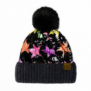 CC Neon Star Sequin Faux Fur Pom Beanie | Adult and Kid Sizes - Truly Contagious