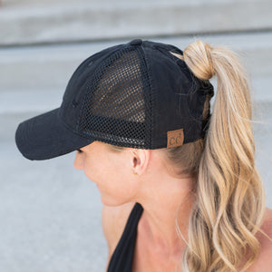 CC Solid Cotton Athleisure Messy Bun Pony Cap Women, Teens and Kids Athletic Hats - Truly Contagious