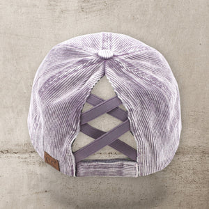 C.C® Stone - Washed Corduroy Ponytail Cap – Crisscross Elastic Back, Adjustable Hook - and - Loop, 100% Cotton - Truly Contagious